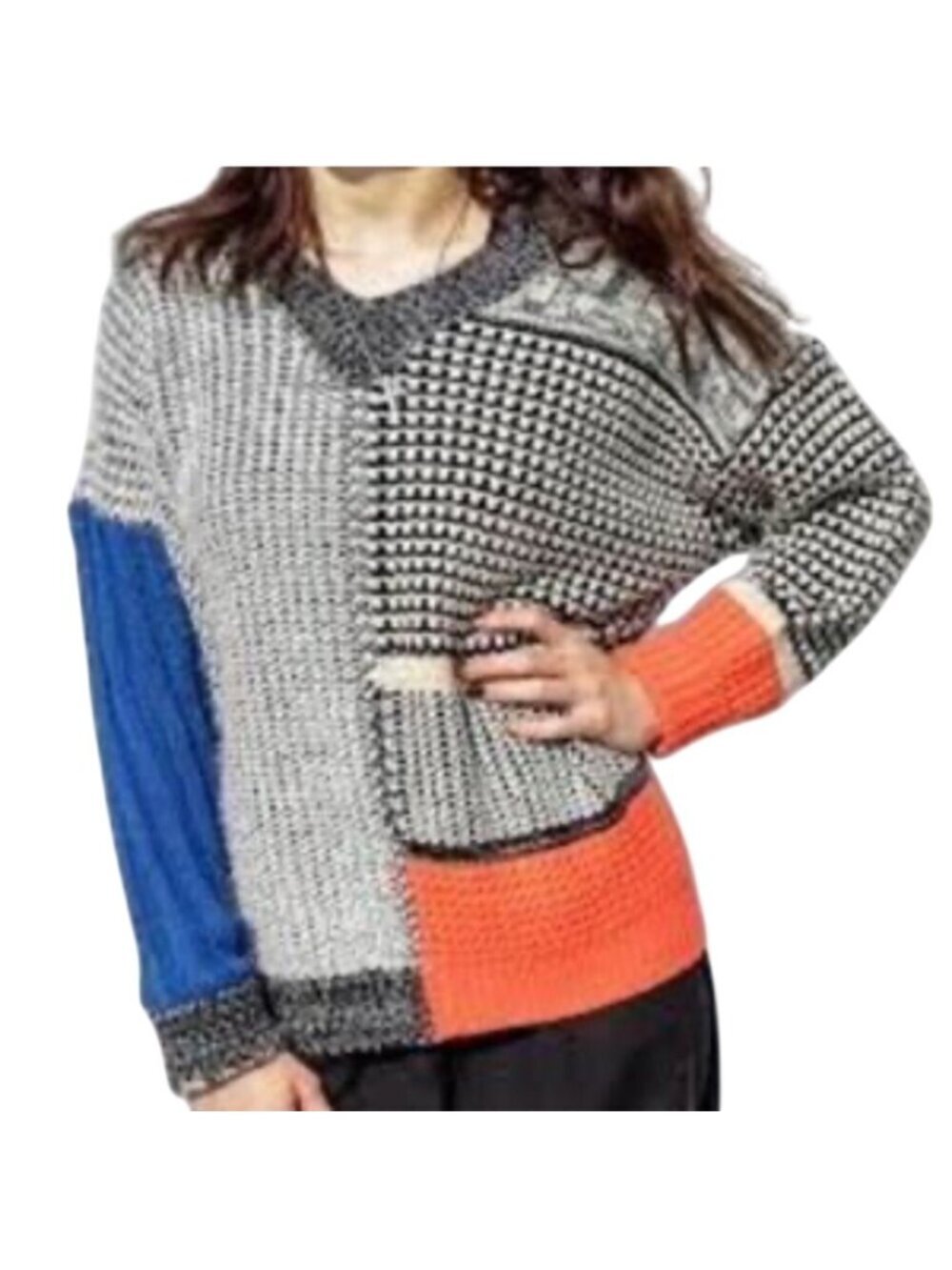 Christine Phillipe Womens Colorblock Knit Sweater V-Neck Patchwork multi texture